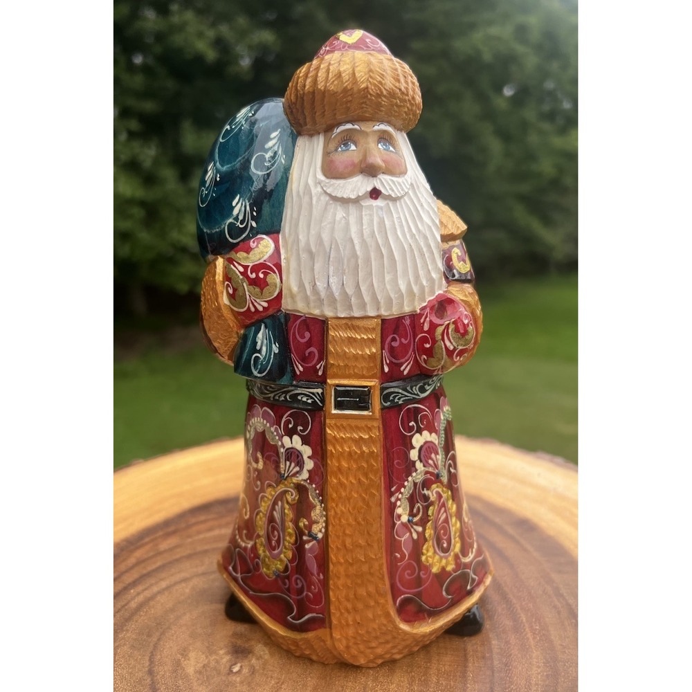 Russian Ded Moroz Father Frost Santa Hand Carved Painted Wood Signed Folk Art